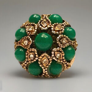 Vintage Glass Cocktail Costume Ring Adjustable Band Gold Tone with Green Stones